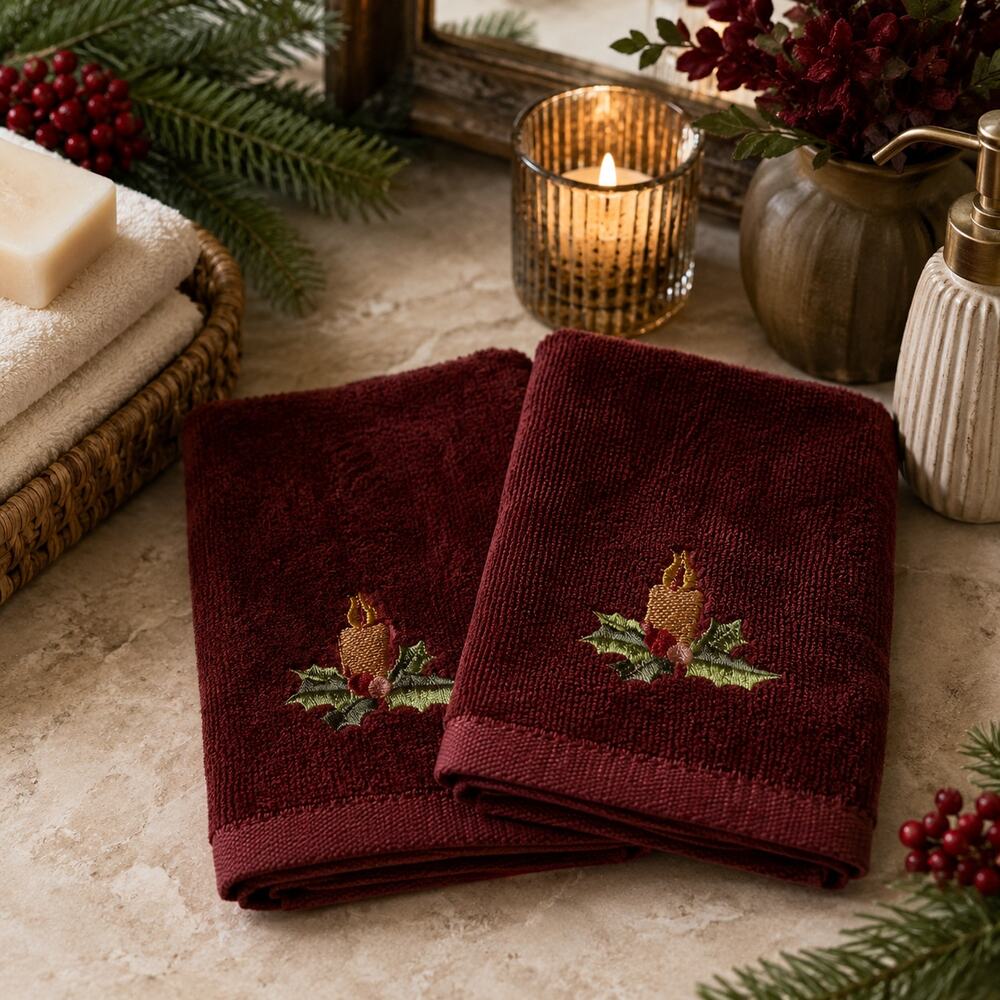 🛀🏻🍂2 Vintage Brown Holiday Washcloth Set Candle Holly Embroidered Christmas